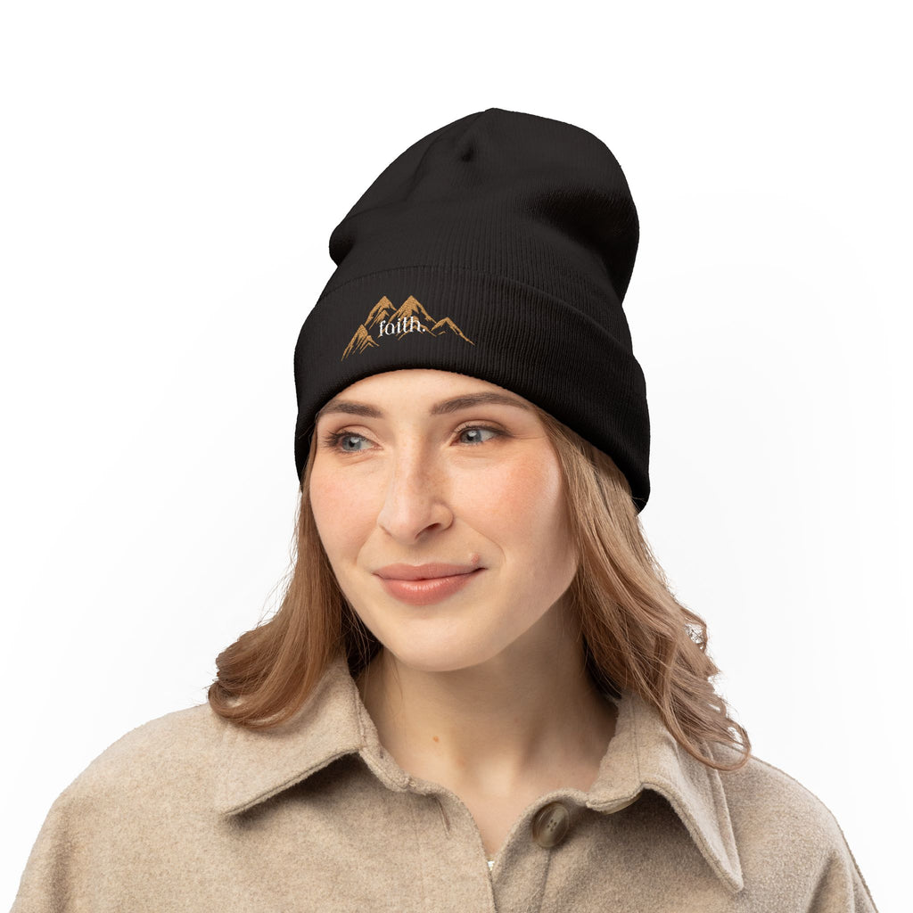 Embroidered Mountain FAITH Knit Beanie — Cozy Outdoor Winter Hat