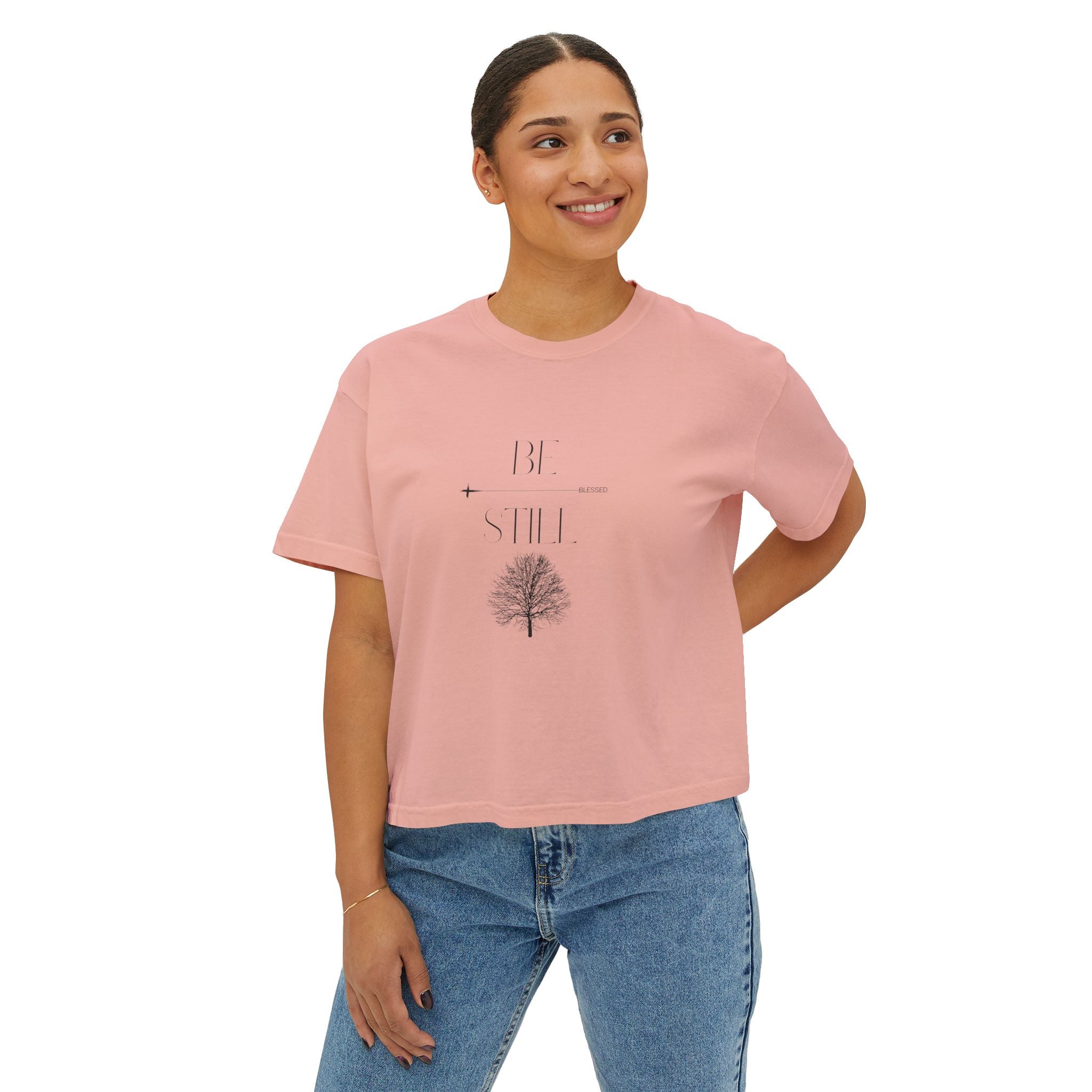“Be Still” Boxy Tee — Minimal Tree Graphic Women's High Waist Boxy T-Shirt