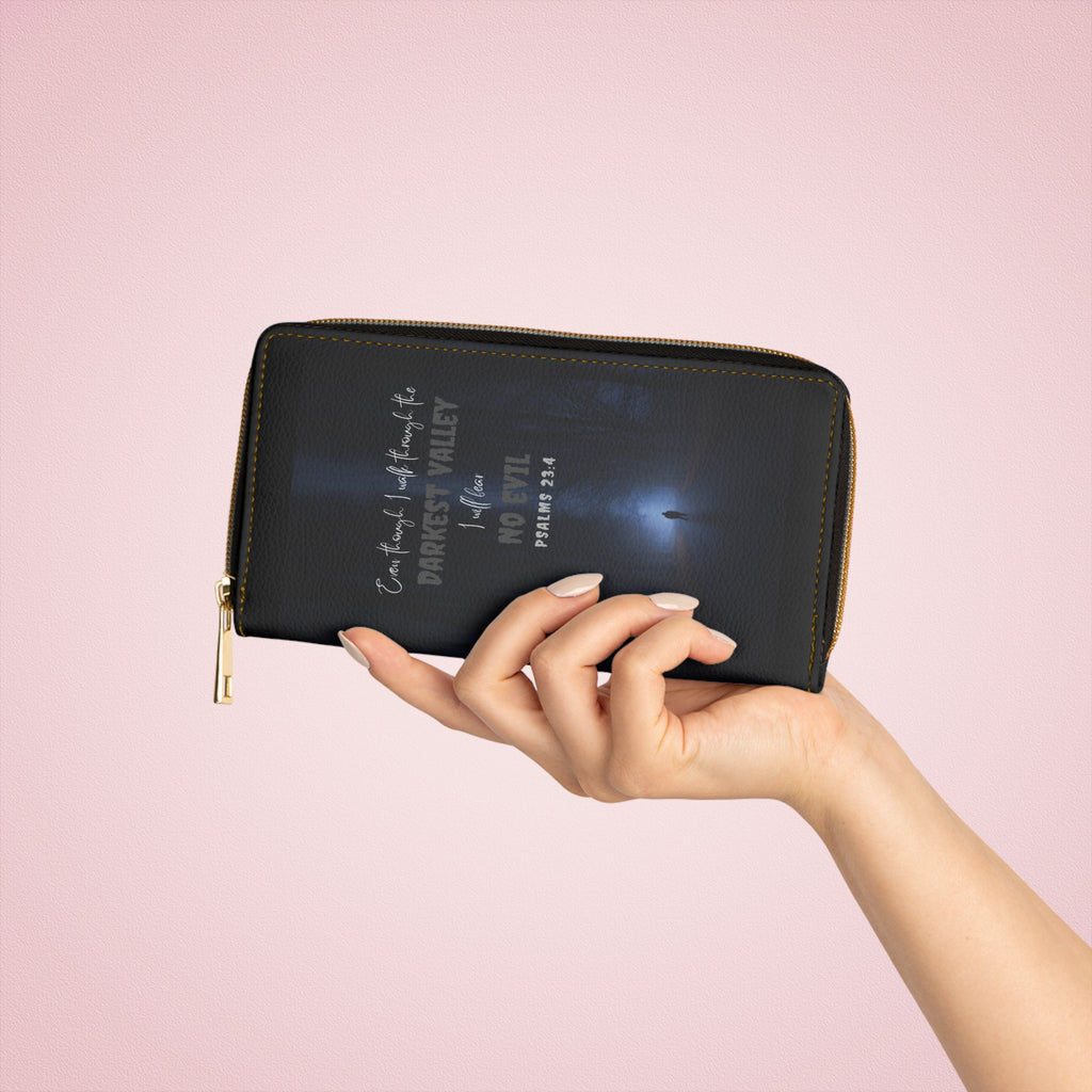 Zipper Wallet — Psalm 23:4 'Even Though I Walk Through the Valley' Inspirational “Leather” Zip Wallet