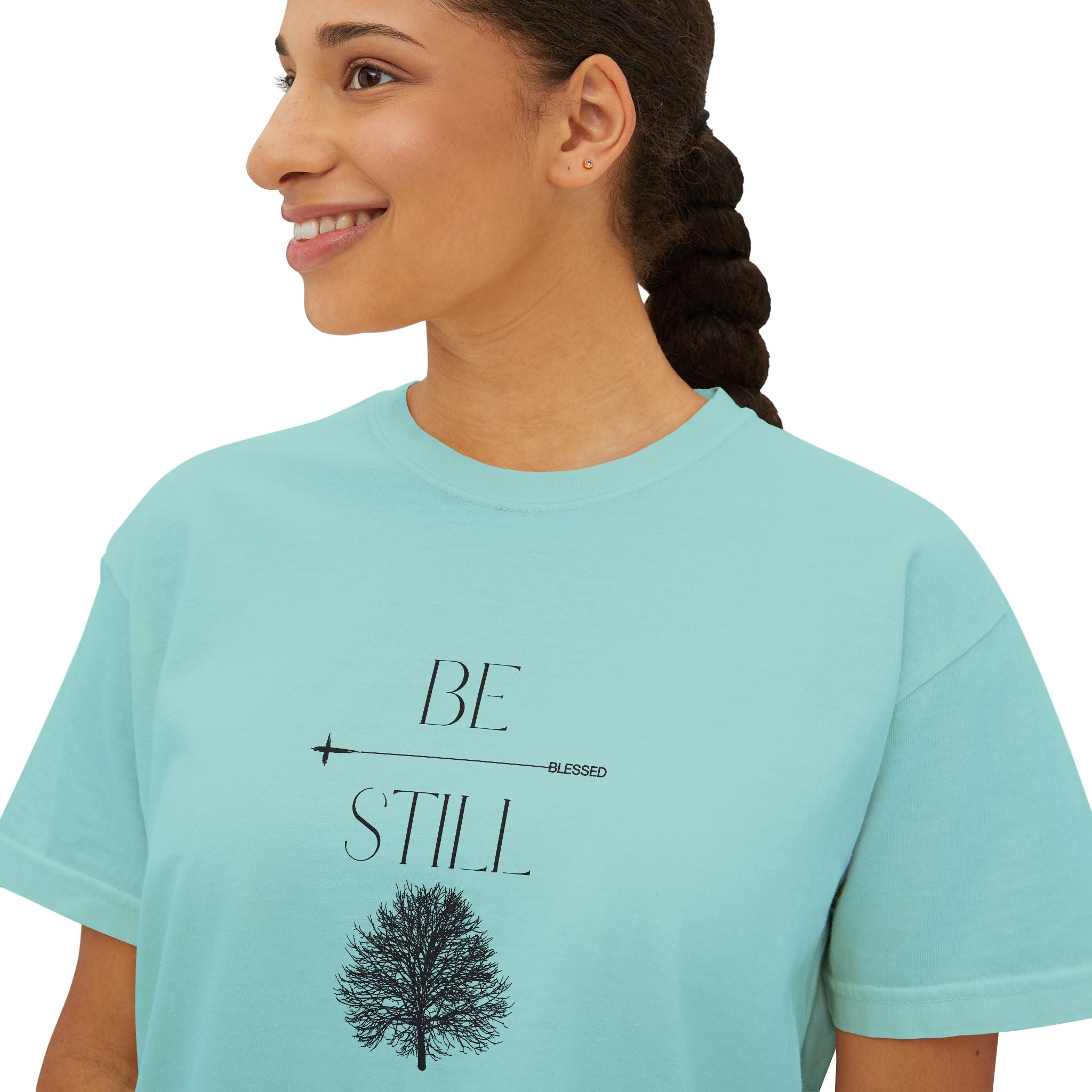 “Be Still” Boxy Tee — Minimal Tree Graphic Women's High Waist Boxy T-Shirt
