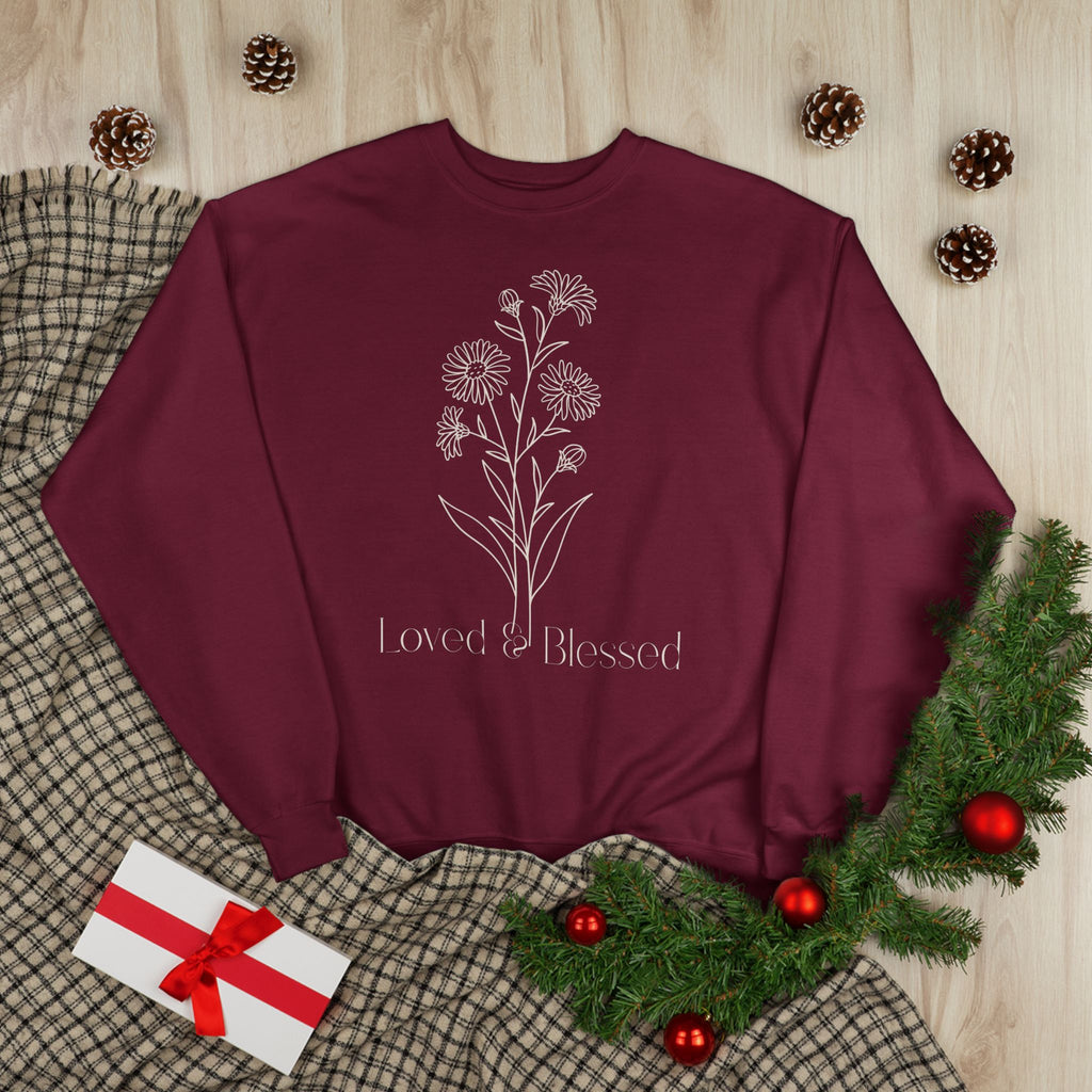 Loved & Blessed Aster Flower Crewneck Sweatshirt — perfect Holiday Gift