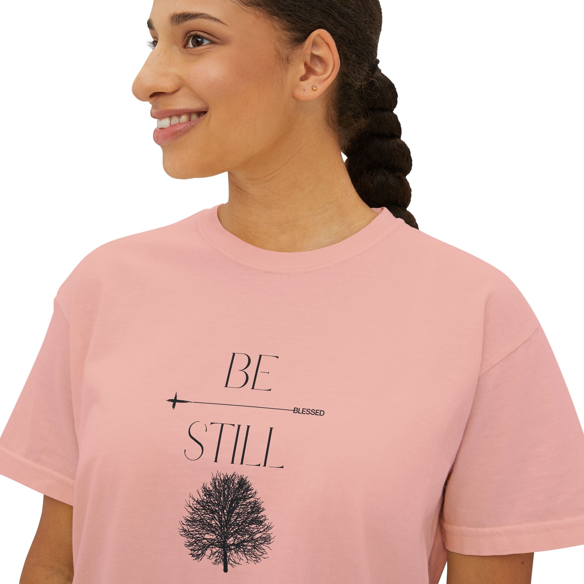 “Be Still” Boxy Tee — Minimal Tree Graphic Women's High Waist Boxy T-Shirt