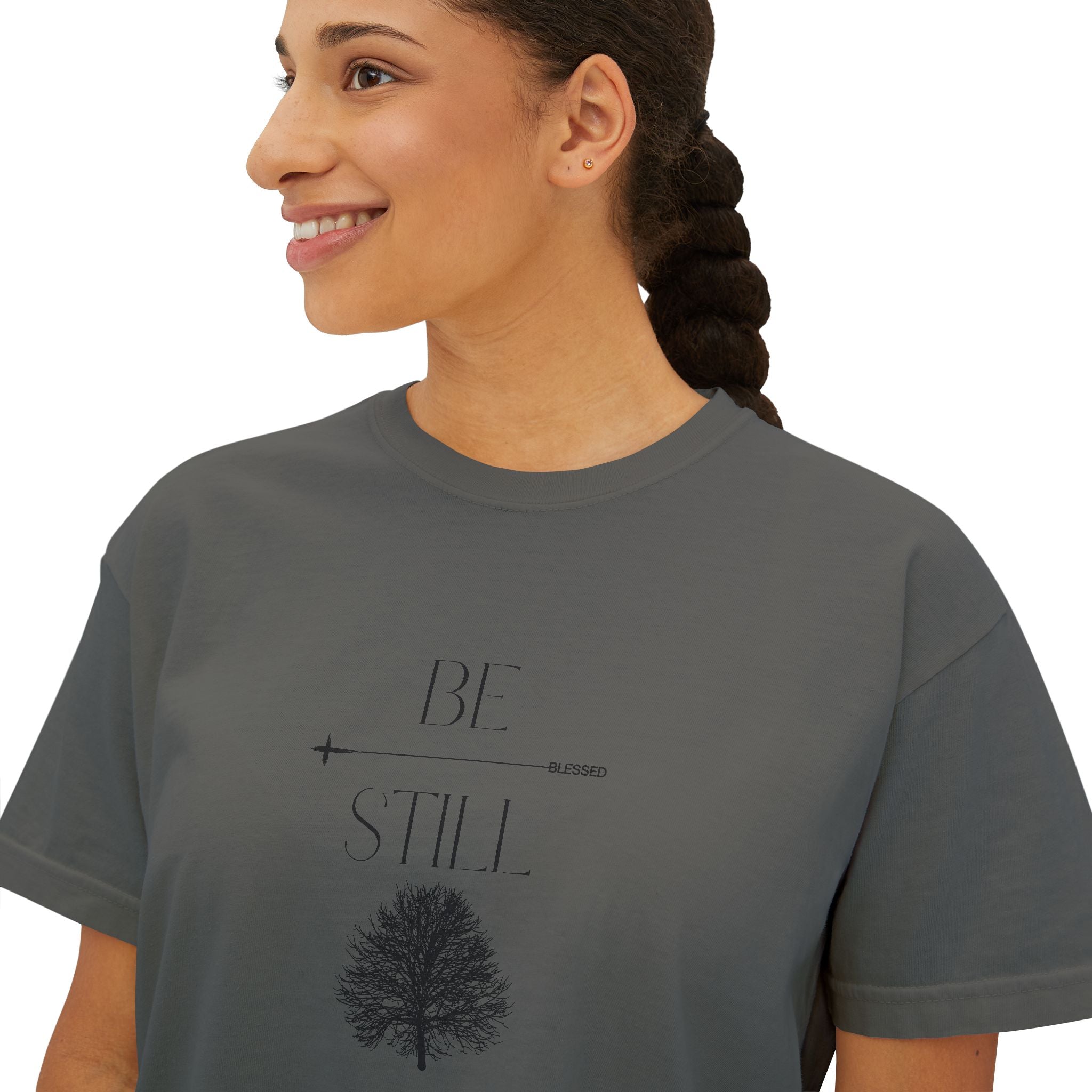 “Be Still” Boxy Tee — Minimal Tree Graphic Women's High Waist Boxy T-Shirt
