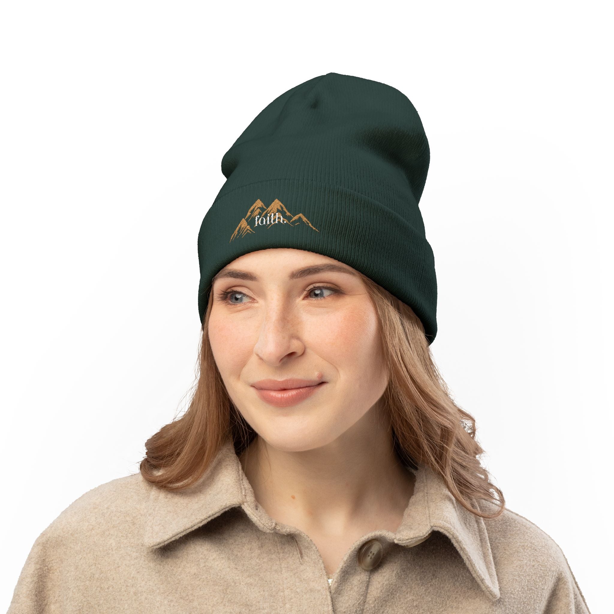 Embroidered Mountain FAITH Knit Beanie — Cozy Outdoor Winter Hat