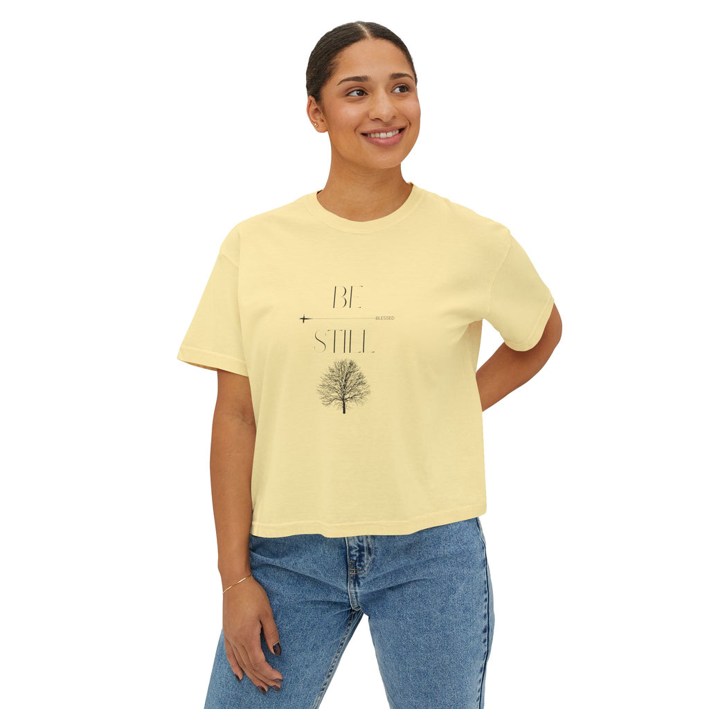 “Be Still” Boxy Tee — Minimal Tree Graphic Women's High Waist Boxy T-Shirt