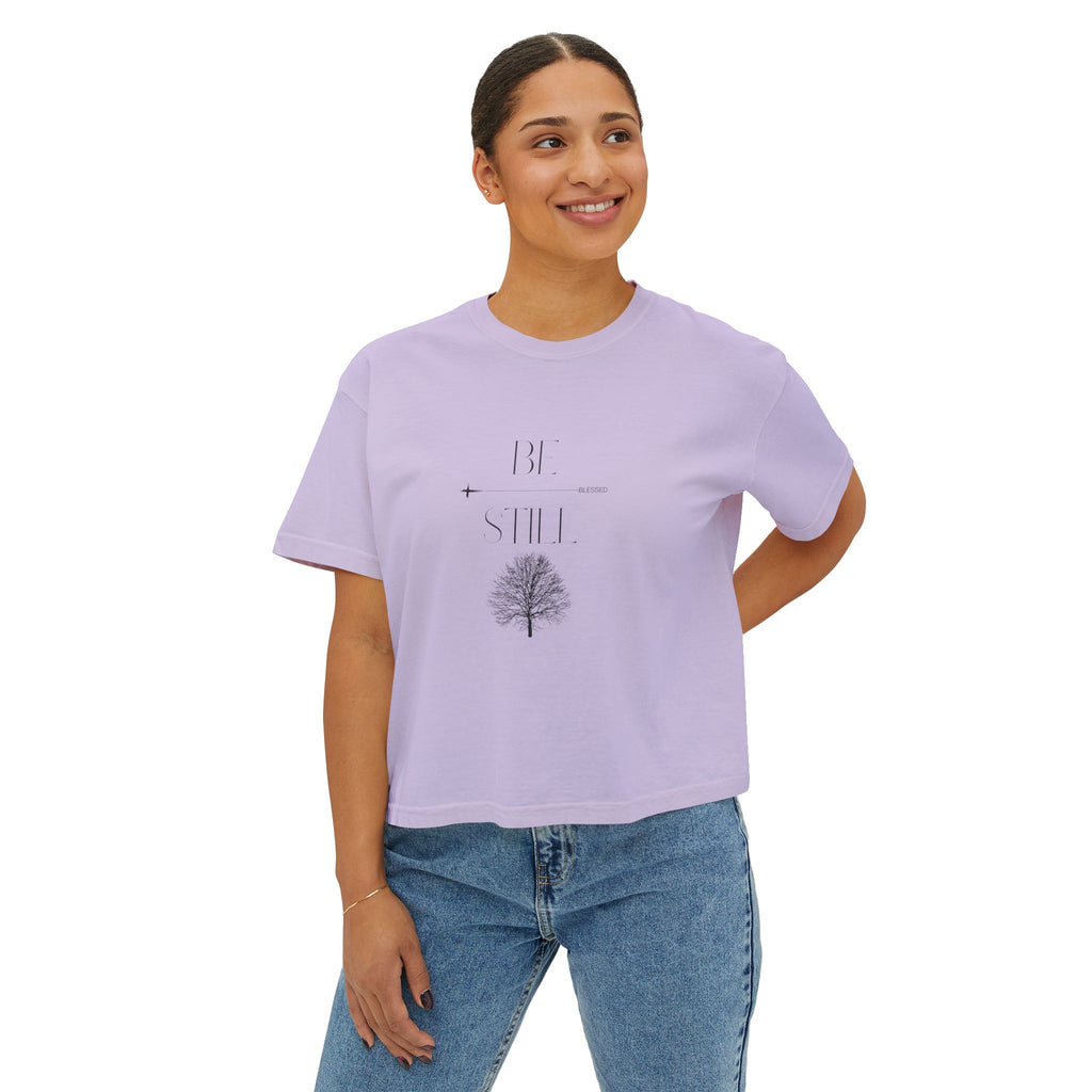 “Be Still” Boxy Tee — Minimal Tree Graphic Women's High Waist Boxy T-Shirt