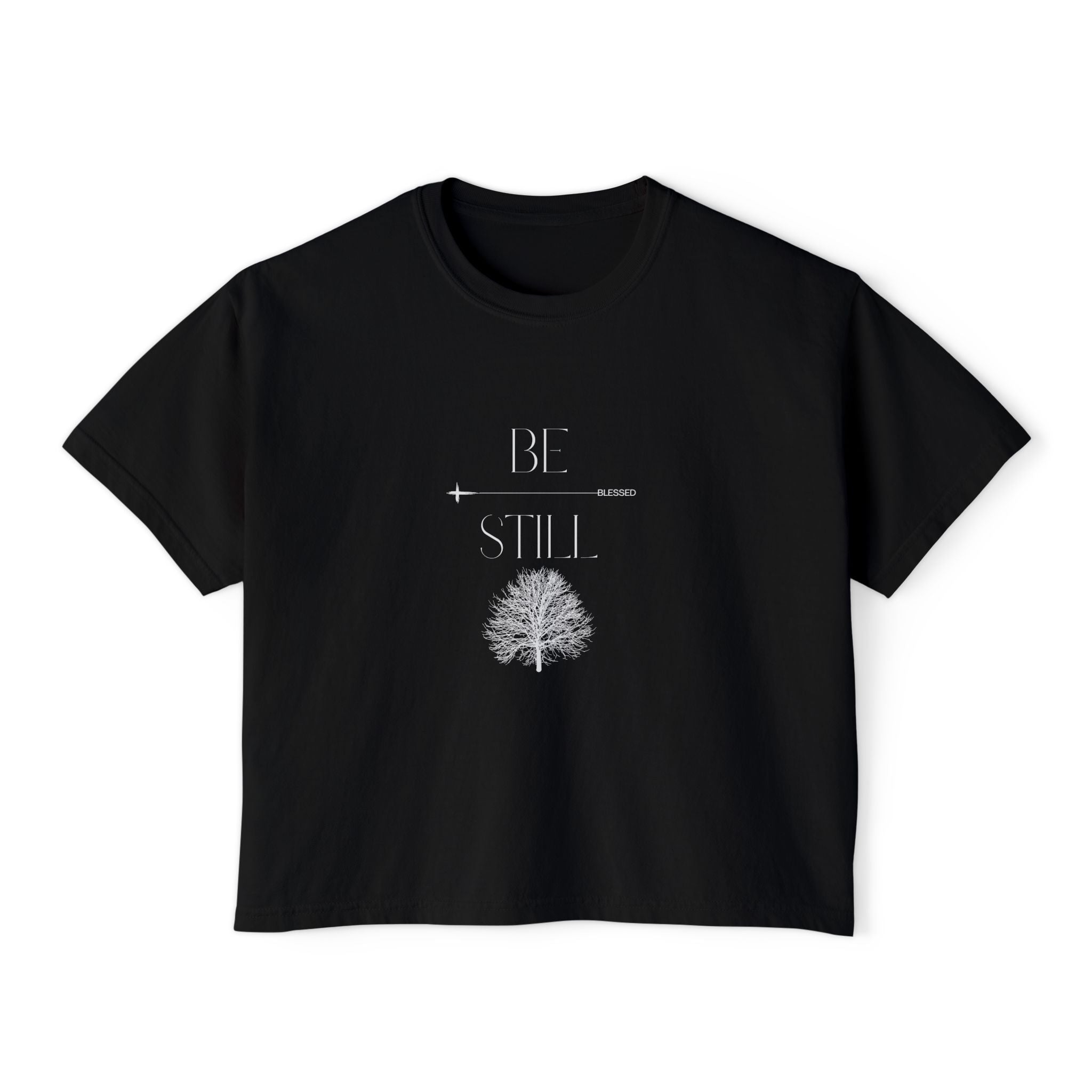 “Be Still” Boxy Tee — Minimal Tree Graphic Women's High Waist Boxy T-Shirt