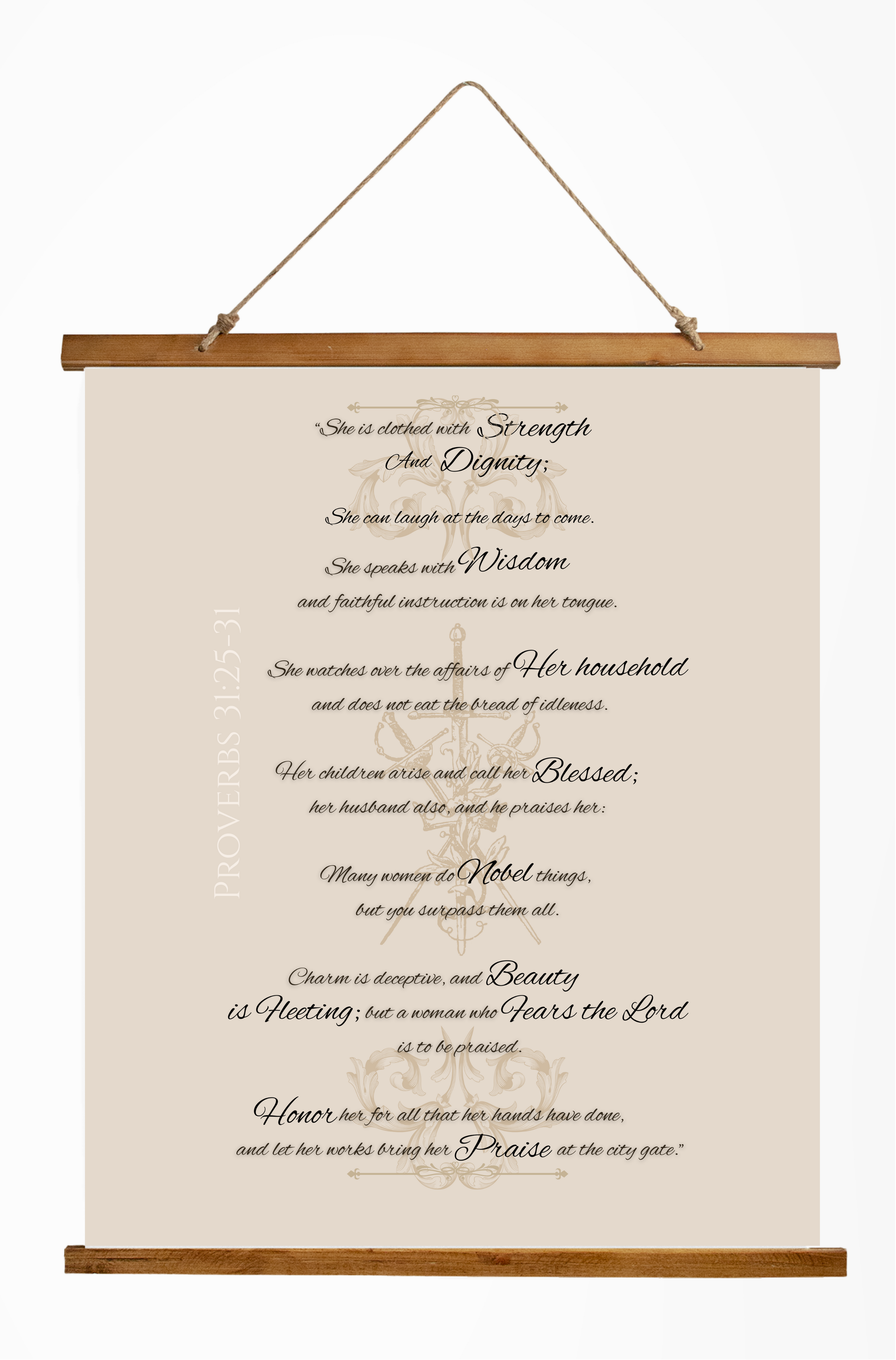 Proverbs 31 Wall Tapestry with Wood Topper — Inspirational Christian Home Decor