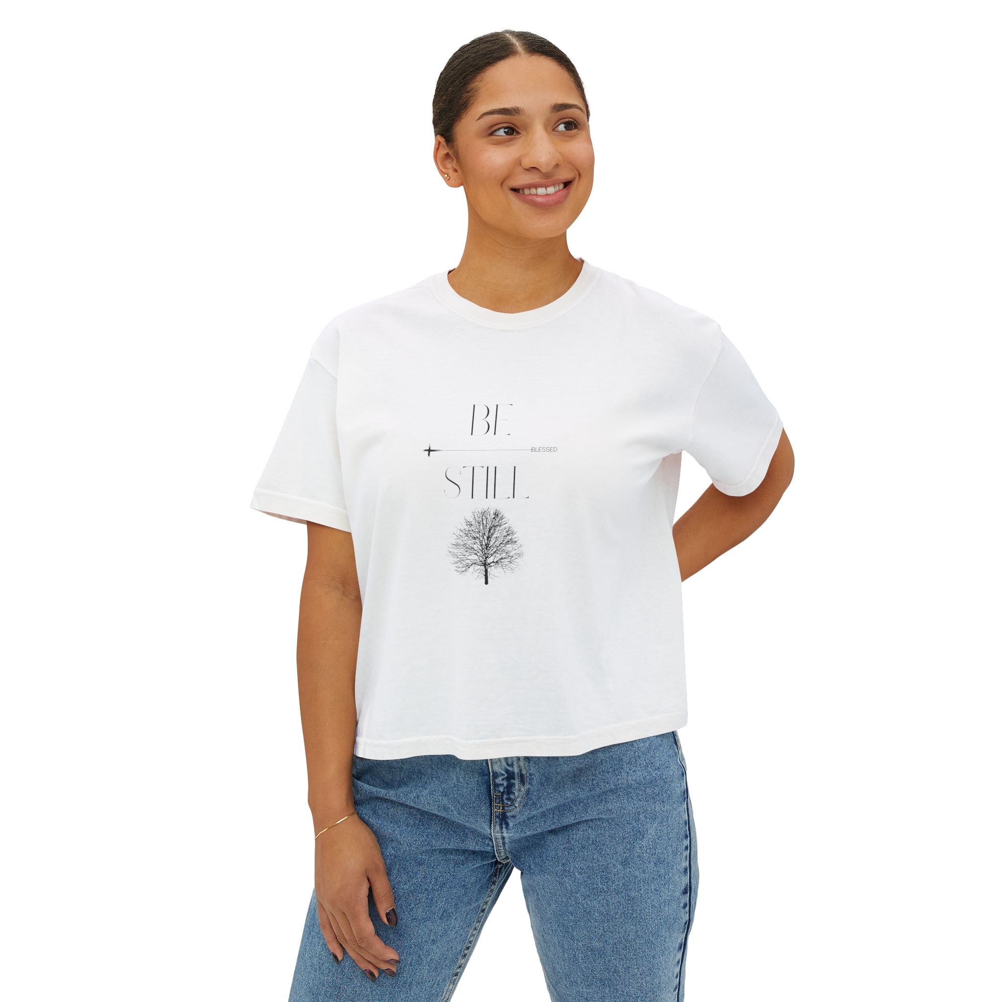 “Be Still” Boxy Tee — Minimal Tree Graphic Women's High Waist Boxy T-Shirt