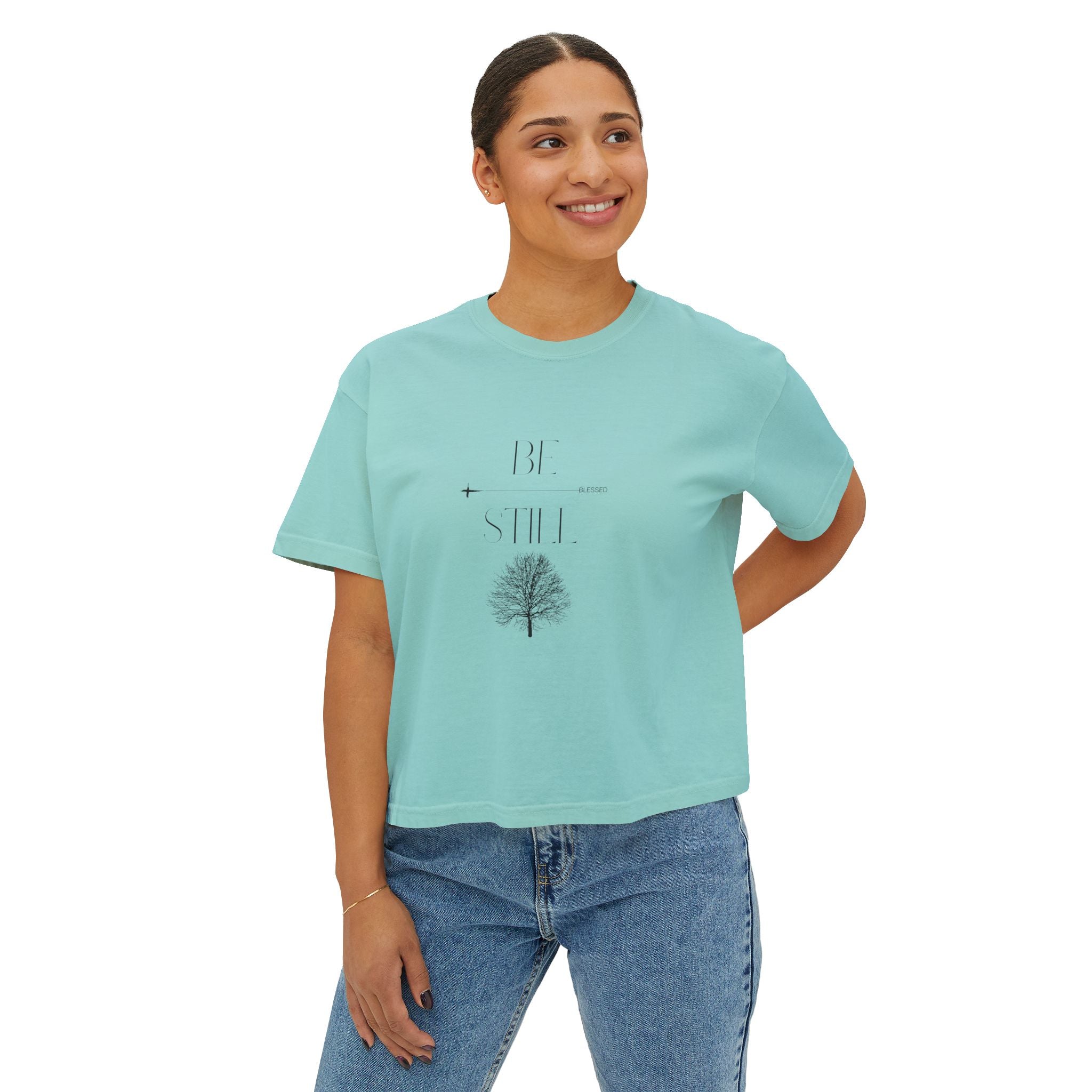 “Be Still” Boxy Tee — Minimal Tree Graphic Women's High Waist Boxy T-Shirt