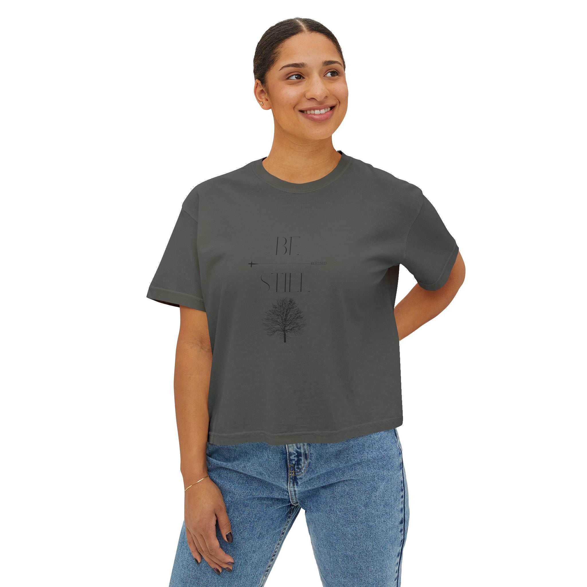 “Be Still” Boxy Tee — Minimal Tree Graphic Women's High Waist Boxy T-Shirt