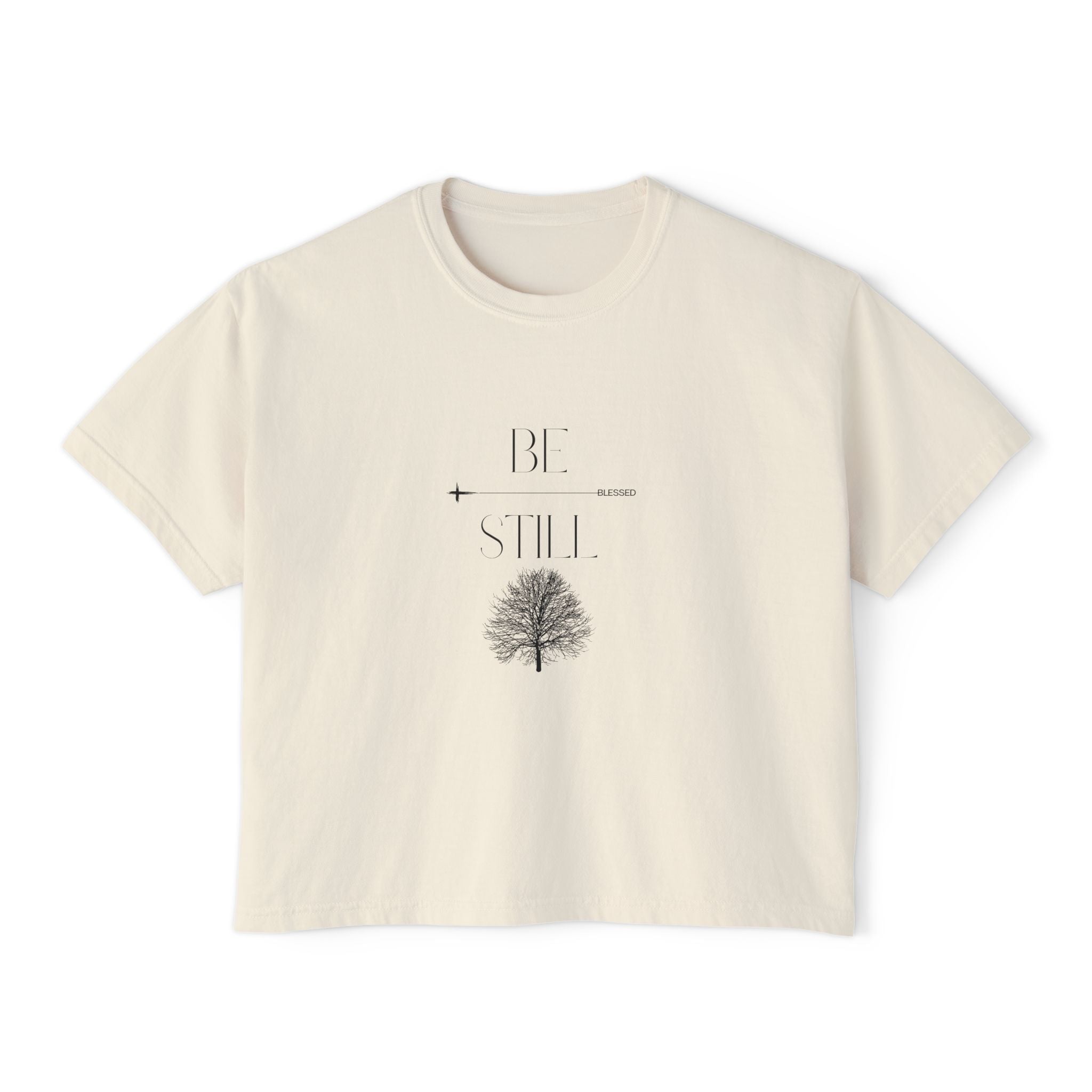 “Be Still” Boxy Tee — Minimal Tree Graphic Women's High Waist Boxy T-Shirt