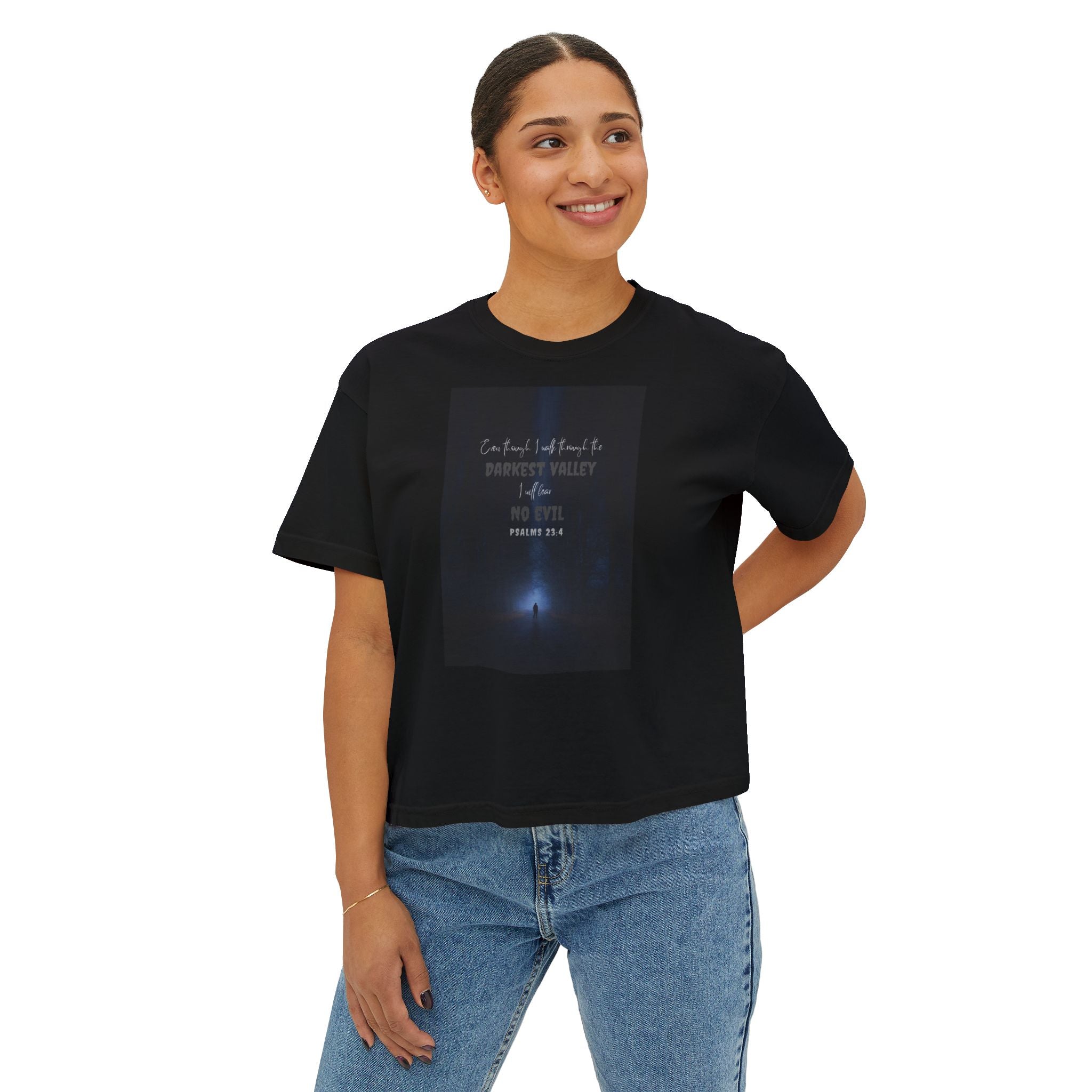 I Will Fear No Evil Rocker Tee — Women's Boxy High-Waist Graphic Shirt