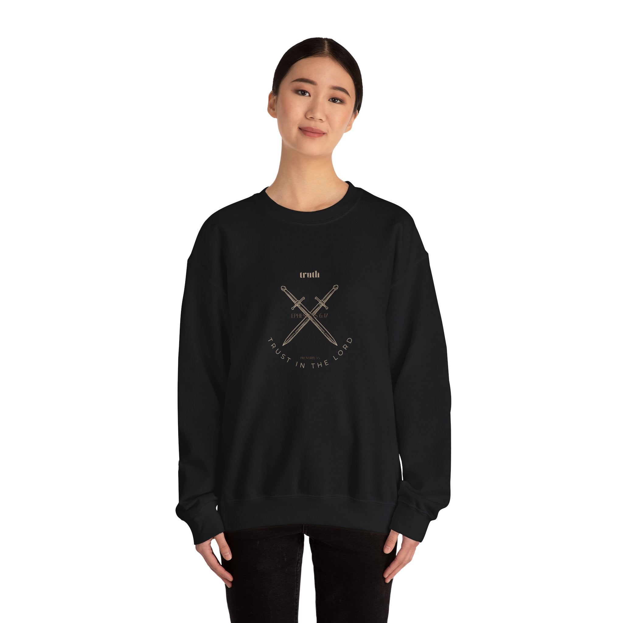 Crewneck Sweatshirt — 'Trust in the Lord' Crossed Swords Faith Graphic
